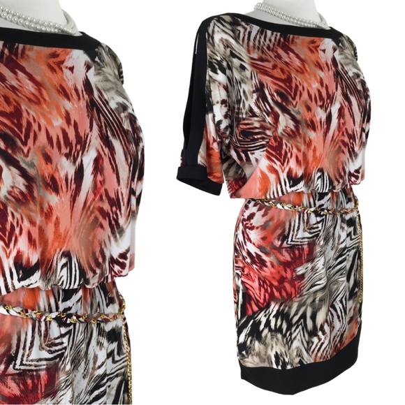 Thalia Sodi Coral Zebra Black Slit Sleeve Cocktail Blouson Midi Dress size Small - Picture 3 of 15